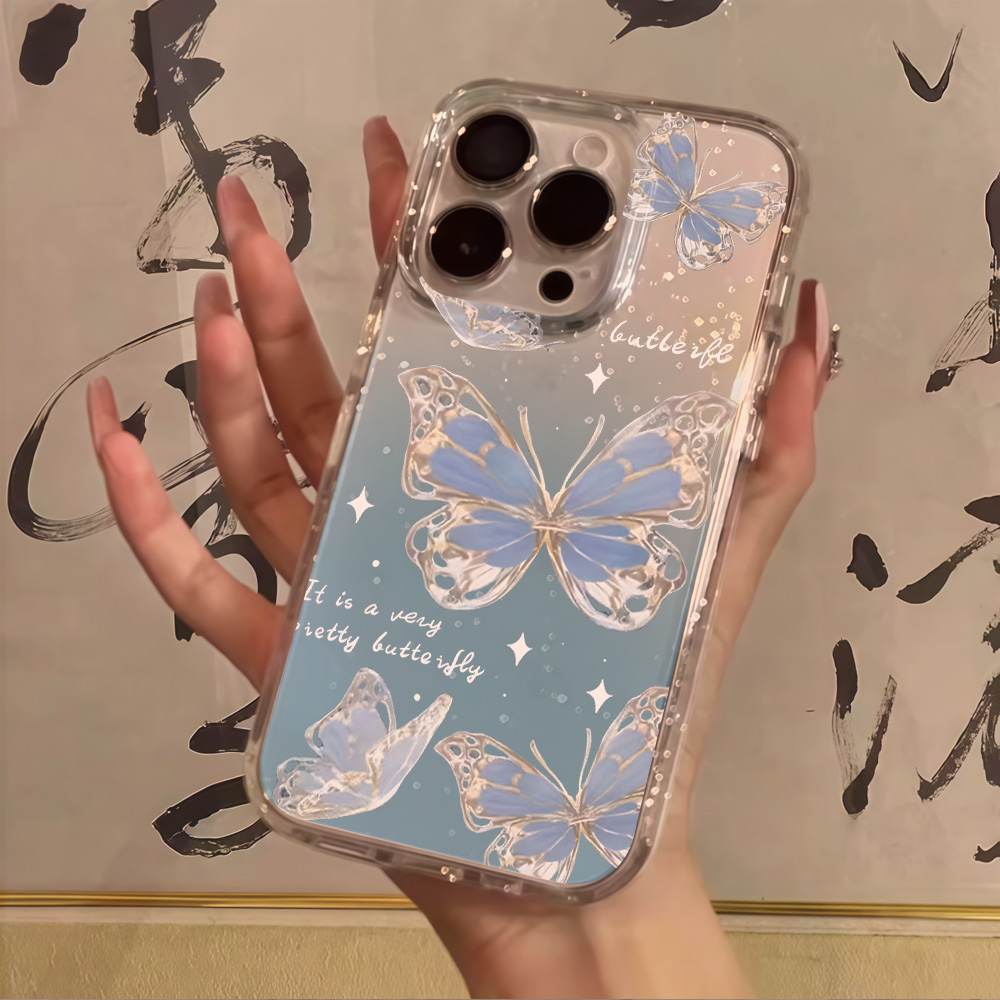 Glitter Shockproof Case - Luxe Blauwe Vlinder Glitter Telefoonhoesje voor
