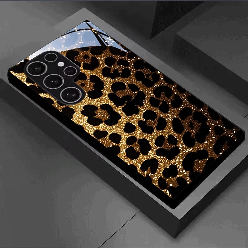 Glitter Shockproof Case - Goudkleurige glitter luipaardprint gehard glas telefoonhoesje